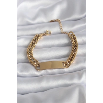 Mey İthalat® 316L Çelik Gold Renk İsim Yazılabilir Plaka Model Kadın Bileklik