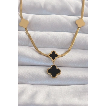 Mey İthalat® 316L Çelik Gold Renk İtalyan Zincirli Mineli Yonca Kolye