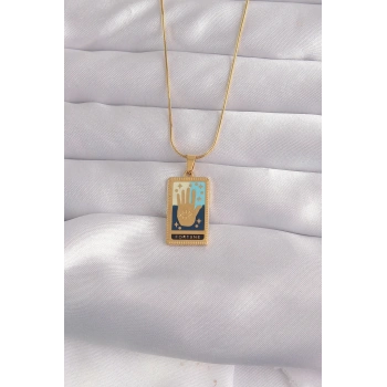 Mey İthalat® 316L Çelik Gold Renk Karışık Mineli El Figür Tarot Kolye