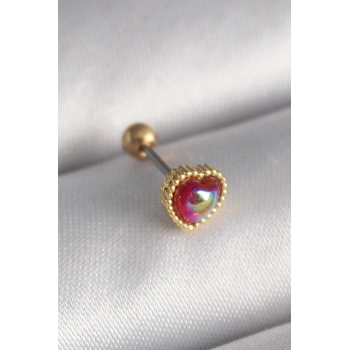 Mey İthalat® 316L Çelik Gold Renk Kırmızı Mineli Kalp Tragus Piercing