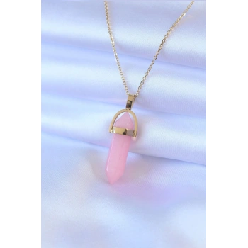 Mey İthalat® 316L Çelik Gold Renk Kristal Pembe Taş Model Kadın kolye