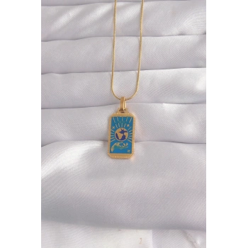 Mey İthalat® 316L Çelik Gold Renk Mavi Mineli El Figür Tarot Kolye