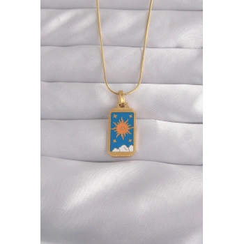 Mey İthalat® 316L Çelik Gold Renk Mavi Mineli Güneş Model Tarot Kolye