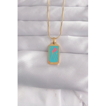 Mey İthalat® 316L Çelik Gold Renk Mavi Mineli Tarot Kolye