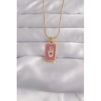 Mey İthalat® 316L Çelik Gold Renk Mor Mineli El Figür Tarot Kolye