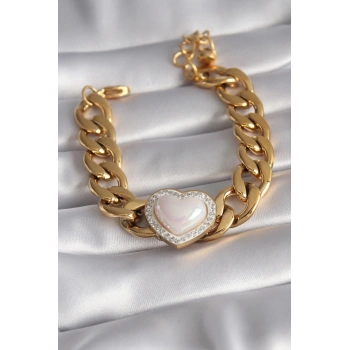 Mey İthalat® 316L Çelik Gold Renk Pembe 3D Kalp Model Zirkon Taşlı Kadın Bileklik