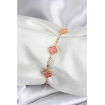 Mey İthalat® 316L Çelik Gold Renk Pembe Baby Boy Yonca Kadın Bileklik