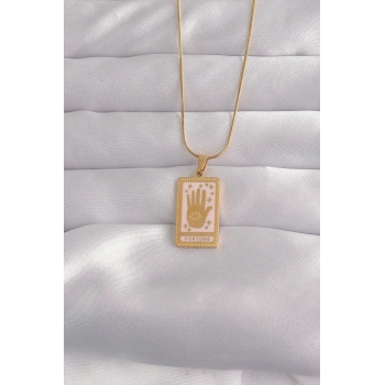 Mey İthalat® 316L Çelik Gold Renk Pembe Mineli El Figür Tarot Kolye