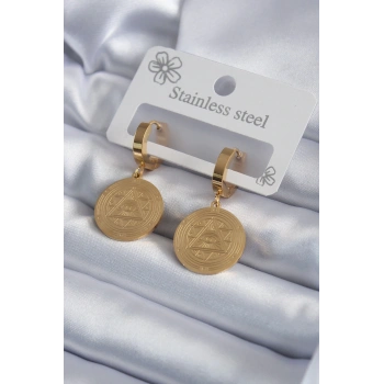 Mey İthalat® 316L Çelik Gold Renk Pentagram İşleme Model Kadın Küpe