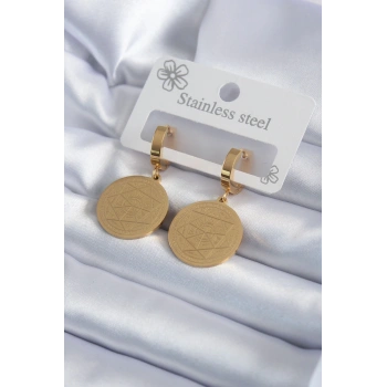 Mey İthalat® 316L Çelik Gold Renk Pentagram Yıldızı İşleme Model Kadın Küpe