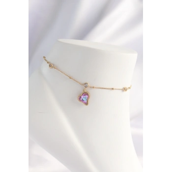 Mey İthalat® 316L Çelik Gold Renk Renkli Zirkon Taşlı Kalp Halhal