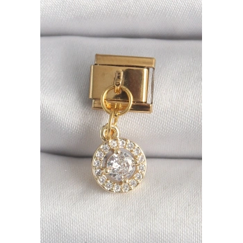 Mey İthalat® 316L Çelik Gold Renk Sallantı Daire Zirkon Taşlı Nomination Charm