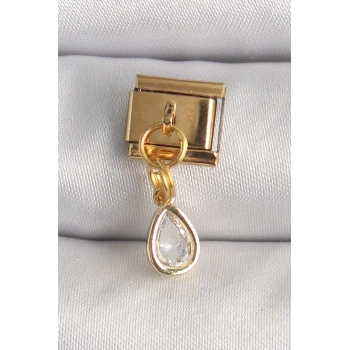 Mey İthalat® 316L Çelik Gold Renk Sallantı Damla Zirkon Taşlı Nomination Charm