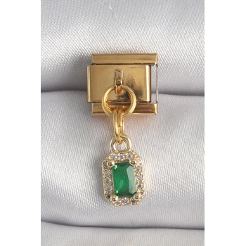 Mey İthalat® 316L Çelik Gold Renk Sallantı Kare Yeşil Zirkon Taşlı Nomination Charm