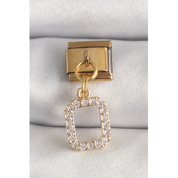 Mey İthalat® 316L Çelik Gold Renk Sallantı Kare Zirkon Taşlı Nomination Charm