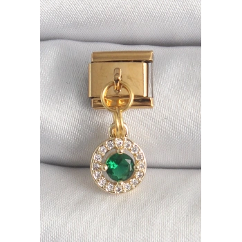 Mey İthalat® 316L Çelik Gold Renk Sallantı Yeşil Zirkon Taşlı Nomination Charm
