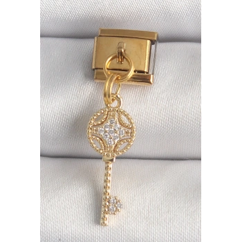 Mey İthalat® 316L Çelik Gold Renk Sallantı Zirkon Taşlı Anahtar Model Nomination Charm