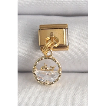 Mey İthalat® 316L Çelik Gold Renk Sallantı Zirkon Taşlı Balina Model Nomination Charm