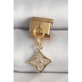 Mey İthalat® 316L Çelik Gold Renk Sallantı Zirkon Taşlı Çiçek İşlemeli Nomination Charm