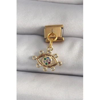 Mey İthalat® 316L Çelik Gold Renk Sallantı Zirkon Taşlı Göz Model Nomination Charm
