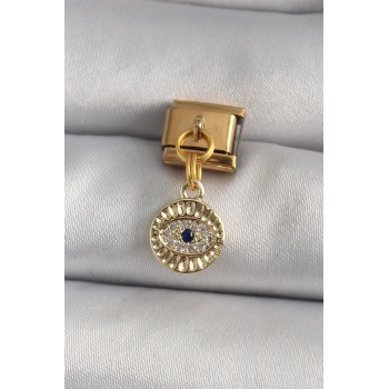 Mey İthalat® 316L Çelik Gold Renk Sallantı Zirkon Taşlı Göz Model Nomination Charm