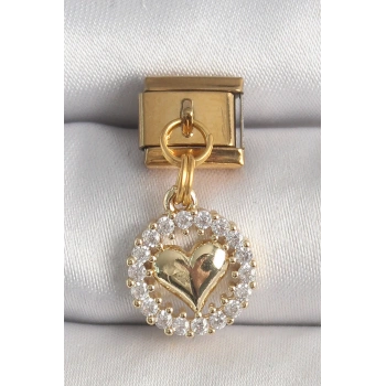 Mey İthalat® 316L Çelik Gold Renk Sallantı Zirkon Taşlı Kalp Model Nomination Charm