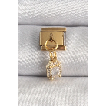 Mey İthalat® 316L Çelik Gold Renk Sallantı Zirkon Taşlı Kare Model Nomination Charm