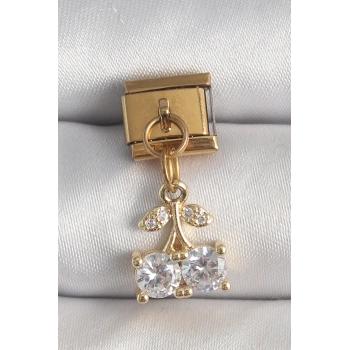 Mey İthalat® 316L Çelik Gold Renk Sallantı Zirkon Taşlı Kiraz Model Nomination Charm