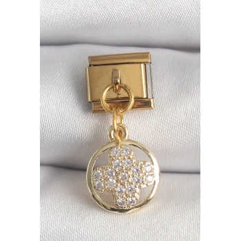 Mey İthalat® 316L Çelik Gold Renk Sallantı Zirkon Taşlı Yonca Model Nomination Charm