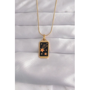 Mey İthalat® 316L Çelik Gold Renk Siyah Mineli Yıldız Figür Tarot Kolye