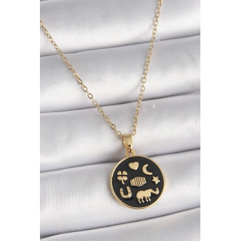 Mey İthalat® 316L Çelik Gold Renk Siyah Şans Kolyesi