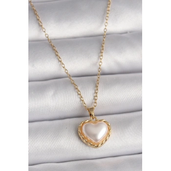 Mey İthalat® 316L Çelik Gold Renk Zincir 3D İnci Kalp Model Kadın Kolye