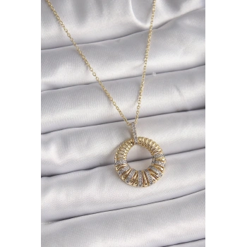 Mey İthalat® 316L Çelik Gold Renk Zincir Gümüş Zirkon Taşlı Daire Model Kadın Kolye