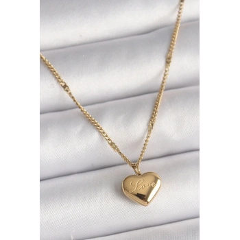 Mey İthalat® 316L Çelik Gold Renk Zincir Love İşlemeli Kalp Figür Kadın Kolye