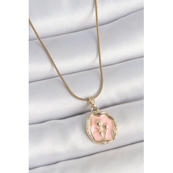Mey İthalat® 316L Çelik Gold Renk Zincir Pembe Mineli Çiçek İşlemeli Portre Model Kadın Kolye
