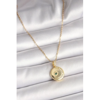 Mey İthalat® 316L Çelik Gold Renk Zincir Zirkon Taş İşlemeli Hilal Yıldız İşlemeli Madalyon Model Kadın Kolye