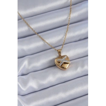 Mey İthalat® 316L Çelik Gold Renk Zirkon Detay Kalp Model Kadın Kolye