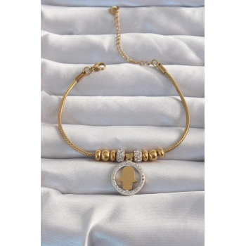 Mey İthalat® 316L Çelik Gold Renk Zirkon Taş Aksesuarlı Fatma Ana Eli Bileklik