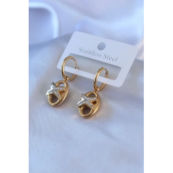 Mey İthalat® 316L Çelik Gold Renk Zirkon Taş Detay Kadın Küpe