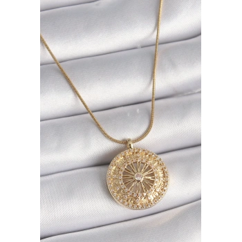 Mey İthalat® 316L Çelik Gold Renk Zirkon Taşlı 12 Burç Madalyon Model Kadın Kolye
