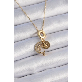 Mey İthalat® 316L Çelik Gold Renk Zirkon Taşlı Ay Yıldız  Model Charm Model Kadın Kolye
