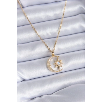 Mey İthalat® 316L Çelik Gold Renk Zirkon Taşlı Ay Yıldız Model Kadın Kolye