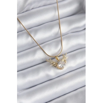 Mey İthalat® 316L Çelik Gold Renk Zirkon Taşlı Boynuz Model Kadın Kolye
