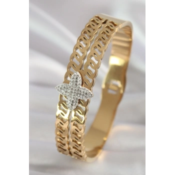 Mey İthalat® 316L Çelik Gold Renk Zirkon Taşlı Çiçek Model Kadın Kelepçe