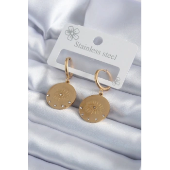 Mey İthalat® 316L Çelik Gold Renk Zirkon Taşlı Göz İşleme Model Kadın Küpe