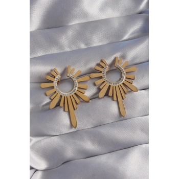 Mey İthalat® 316L Çelik Gold Renk Zirkon Taşlı Güneş Figürlü Küpe