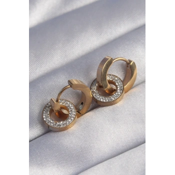 Mey İthalat® 316L Çelik Gold Renk Zirkon Taşlı İç İçe Geçmeli Oval Küpe