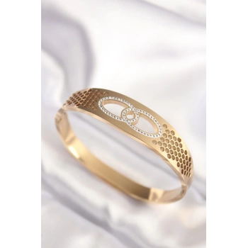 Mey İthalat® 316L Çelik Gold Renk Zirkon Taşlı Kadın Kelepçe Bilezik