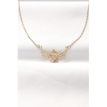 Mey İthalat® 316L Çelik Gold Renk Zirkon Taşlı Kalpli Kanat Kolye