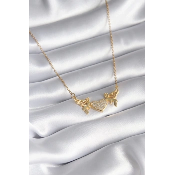 Mey İthalat® 316L Çelik Gold Renk Zirkon Taşlı Kanatlı Kalp Model Kadın Kolye